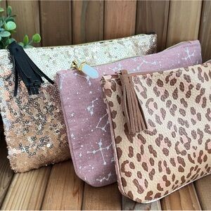 IPSY Makeup Bag Bundle Leopard + Sequin + Pink Cosmetic Pouches